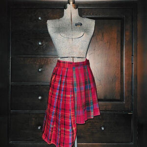 asymmetrical red plaid pleated wool mini skirt from urban renewal, nwt